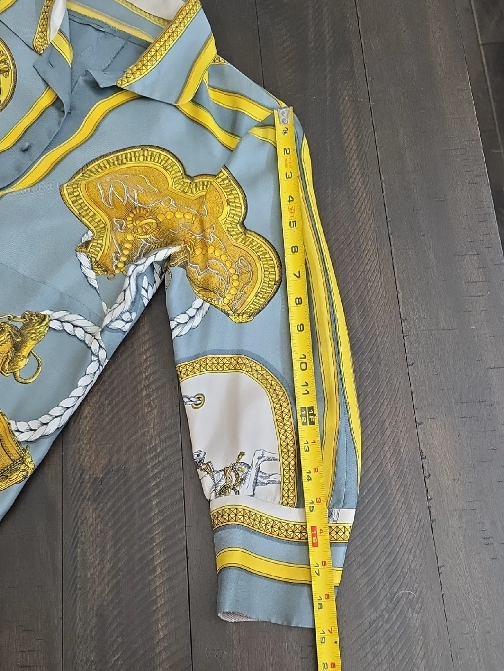 VTG Hermes 100% Silk Button-Up Blouse Equestrian Print Gray Yellow Authentic, 44 - Picture 14 of 15